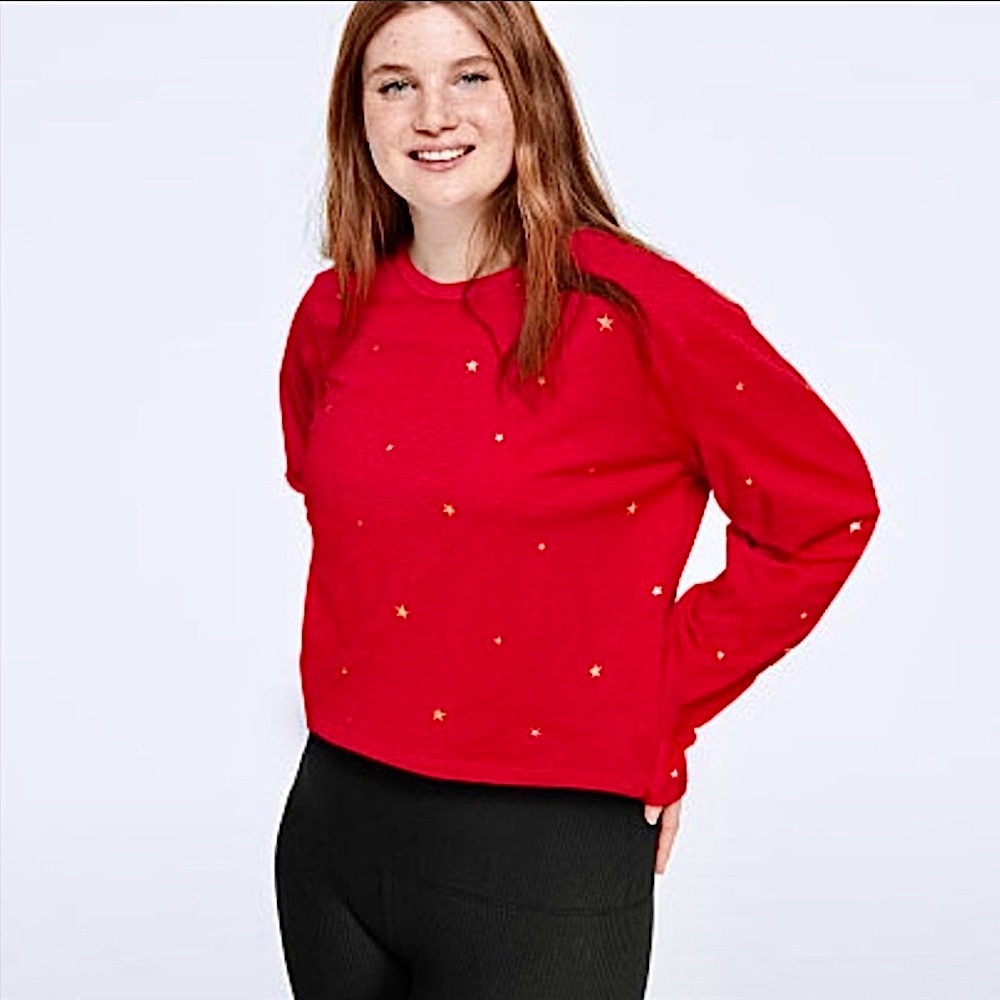 VS PINK Falling Stars Cotton Slub Red Campus Tee Large NWT